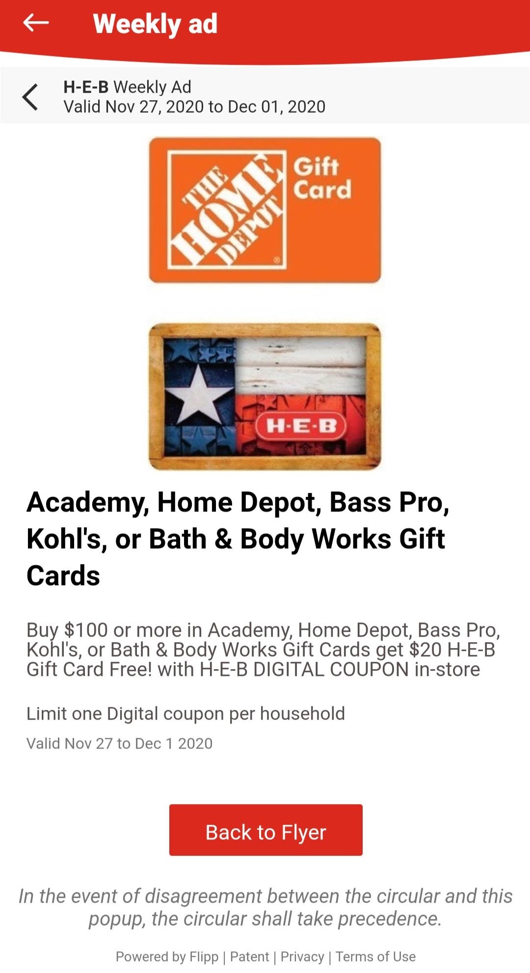 Free $20 HEB H-E-B Gift Card with $100+ Gift Card Purchase for Home Depot, Kohl's, Bath & Body Works, Academy, or Bass Pro Shop (B&M Only.  In Store Only.)