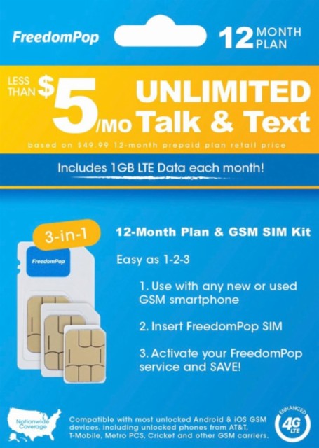 FreedomPop: 3 or 12-Mo Prepaid - No Credit Card Required - Unlimited Talk, Text, & 1GB Data - $19.99 - $49.99