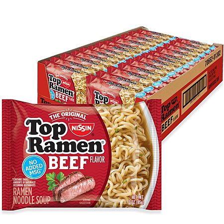 Nissin Top Ramen Noodle Soup, Beef, 3 Ounce (Pack of 24) | $6.98 OR S&S $6.64 @5% / $5.93 @15% @Amazon