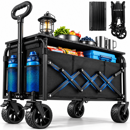 Amkurozo Collapsible Wagon Cart, 500LBS Heavy Duty 230L Large Folding Wagon with Table, 2 Brakes, 2 Cup Holders & All-Terrain Wheels for Camping, Shopping, Garden and Beach
