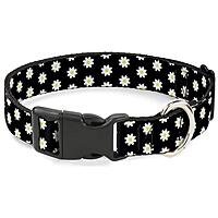 Dog Collar Plastic Clip Daisies Scattered Black White Yellow 11 to 17 Inches 1.0 Inch Wide $7.20