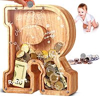 UBeesize Wooden Letter Piggy Bank for Boys Girls Toddler,Alphabet A-Z Money Bank,Coin Box Birthday Gift,Children's Gift Decoration Baptism (R) $14.1