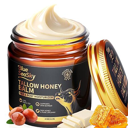 4oz Whipped Grass Fed Beef Tallow Balm with Raw Honey, Unscented $12.95