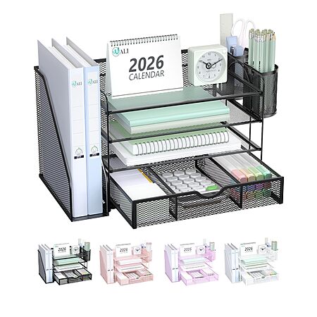WALI 4 Tier Desktop Paper Letter Tray Organizer with Drawer and 2 Pen Holders $9.99