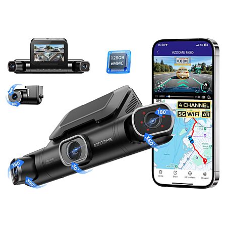 AZDOME 360° 4 Channel 2K+1080P Dash Cam, Built-in 128GB eMMC, Voice Control, 5G Wi-Fi with 4 Adjustable Lenses, IR Night Vision $89.99