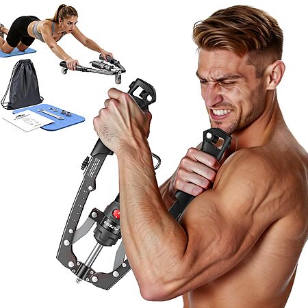 FLYBIRD 3-in-1 Chest and Arm Exerciser with Ab Roller Wheel, Adjustable 22-440LBS Chest Trainer, Backpack & Pad Included $35.99