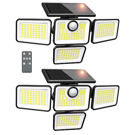 (2 Pack) 6000LM 4 Heads Motion Sensor Solar Lights, 3 Mode, IP65 Waterproof, Remote Control $17.99
