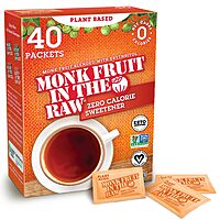 MONK FRUIT IN THE RAW, Natural Monk Fruit Sweetener w/ Erythritol, Sugar-Free, Keto, Gluten Free, Zero Calorie, Low Carb, Vegan Sugar Substitute, 40 Count Packets (Pack of 1) $2.99