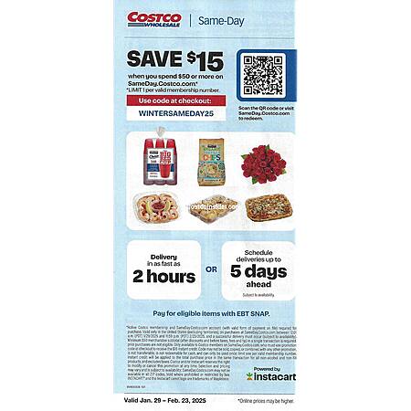 Costco Sameday via Instacart: Save $15 when you spend $50 or more [Jan 29- Feb 23]