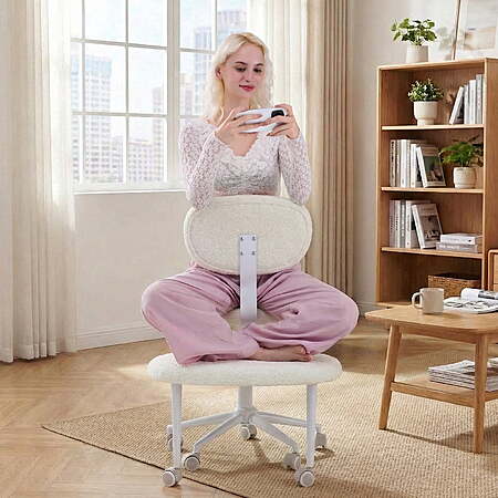 Pinmoco Armless Computer Chair, Wide Swivel Cross Leg Chair Office with Back Support, Height Adjustable for Criss Cross Sitting, Fleece Fabric, Off White $33.99