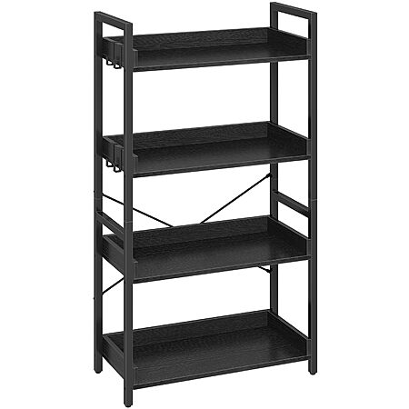Rolanstar 4-Tier Metal Bookshelf w/ 4 Hooks (Black)