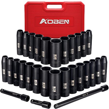 AOBEN 29-Piece 1/2" Drive Impact Socket Set w/ 3", 5" & 10" Extension Bars (SAE/Metric, Deep, Cr-V Steel) $29 + Free Shipping w/ Prime or on $35+