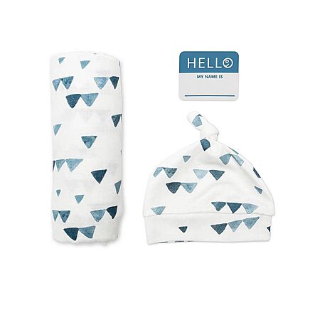 Lulujo Baby Hello World Newborn Hat & Swaddle Blanket Set (Triangle Blue) $7.74 + Free Shipping w/ Prime or on $35+