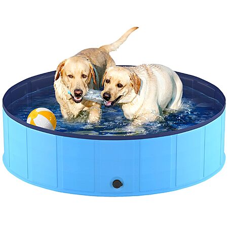 Large Foldable Dog Pool 63x12 Inches - Portable Collapsible Pet Pool With Drain & Non-Slip Base
