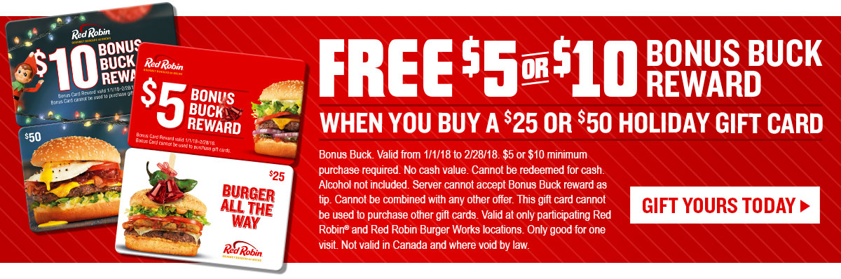 Red Robin Free $5 or $10 Bonus Buck Award When You Buy a $25 or $50 Holiday Gift Card