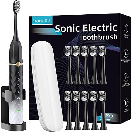 Seapeoa Electric Rechargeable Toothbrush w/ 10-Count Brush Heads & Travel Case $9.49 + Free Shipping w/ Prime or on $35+