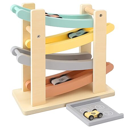 $12.49 4 Level All-Wooden Car Ramp Racer Toys with 4 Mini Cars & Garages