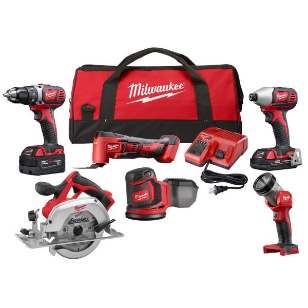 Milwaukee M18 18-Volt Lithium-Ion Cordless Combo Kit (6-Tool) with 2 M18 Batteries, 1 Charger, 1 Tool Bag $380