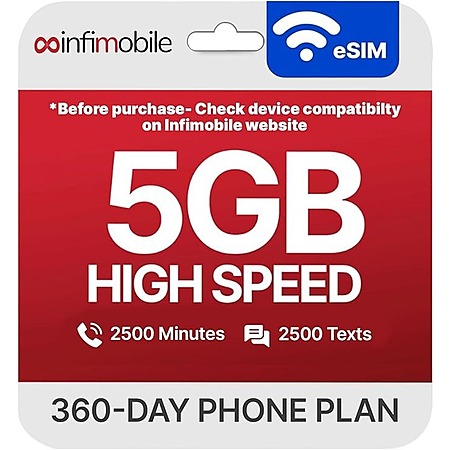 5GB 12-Mo Infimobile eSIM Prepaid Plan (2500 Min + 2500 Text) $60 + Free Shipping