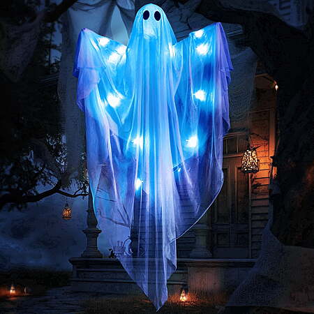 47" Halloween Hanging Light up Ghost Decorations Outdoor - White Ghosts with Blue LED Light and Timer Waterproof