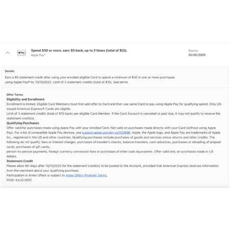 American Express Credit Card Offer - Spend $50 or more with Apple Play
