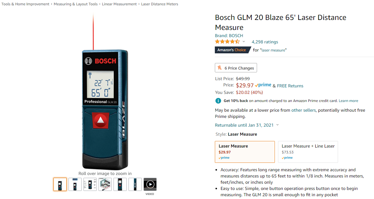 Amazon - Bosch GLM 20 Blaze 65' Laser Distance Measure - $29.97