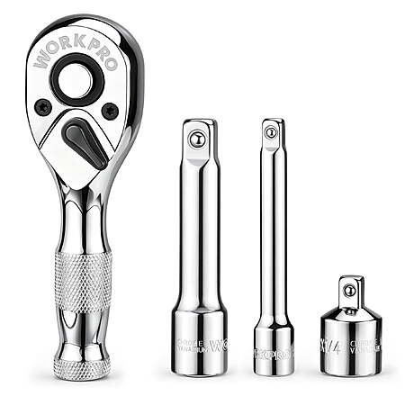 WORKPRO 4-Piece Stubby Ratchet and Extension Bar Set, 72-Tooth 3/8" Drive