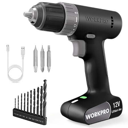 WORKPRO 12V Cordless Drill Kit, USB-C Rechargeable, 3/8" Chuck, 2-Speed