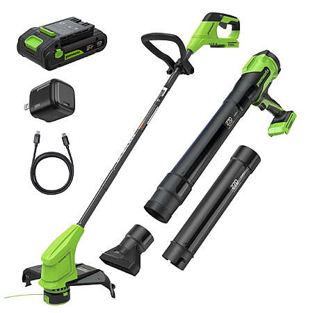 Greenworks 24V 12" Brushless String Trimmer and 270 CFM Brushless Leaf Blower Combo
