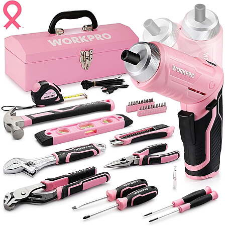 WORKPRO 75-Piece Pink Tool Set with 3.7V Cordless Screwdriver & Steel Toolbox