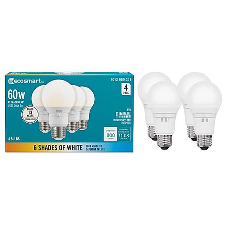 EcoSmart 60-Watt Equivalent A19 E26 Base Dimmable LED Light Bulb with Selectable Color Temperature (4-Pack)
