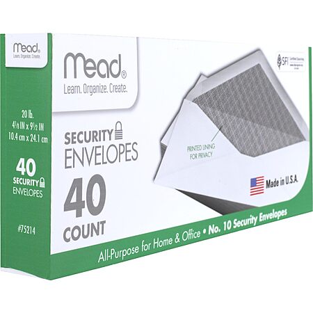 Mead #10 Envelopes, Security Printed Lining for Privacy, 40 Letter Size Envelopes (Pack of 2) for $2.16