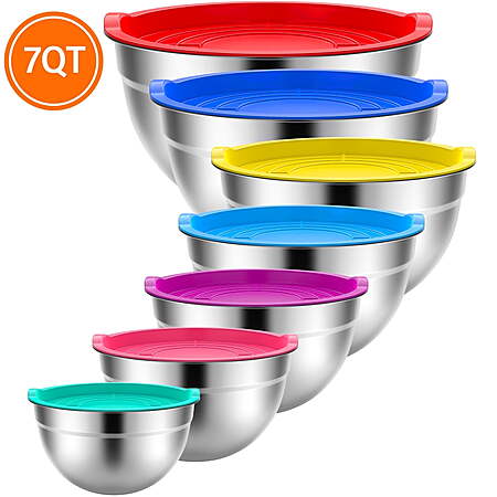 $18.99*:TINANA Mixing Bowls with Lids: 7 Pack Stainless Steel Mixing Bowls Set, Metal Nesting Mixing Bowls for Kitchen, 7/4.5/3.0/2.0/1.5/1.0/0.7QT, Multicolor