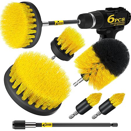 $7.99*:Holikme 6-Pack Drill Brush Attachment Set – Extended Power Scrubber Brushes for Grout, Floor, Tub, Bathroom & Kitchen Surfaces, Yellow
