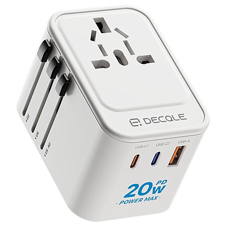 $10*:Decqle Universal Travel Adapter - 2 USB-C (PD 20W) & 1 USB-A Ports, Compatible with USA, UK, EU, AU & 224+ Countries