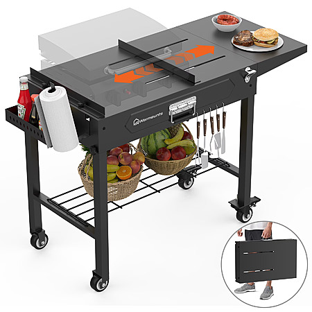 $59.3*:WARMOUNTS Portable Outdoor Grill Table, Adjustable Folding Grill Cart with Wheels, 400 lb Capacity, 37" x 17" Grill Stand for Camping BBQ