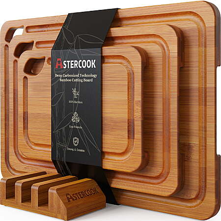 4-Pc Astercook Bamboo Cutting/Charcuterie Board Set (Assorted Sizes w/ Stand) $23 