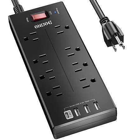 $13.99*:Surge Protector - 8 AC Outlets and 4 USB Ports (1 USB-C), 6ft Extension Cord Power Strip for Home, Office, Black