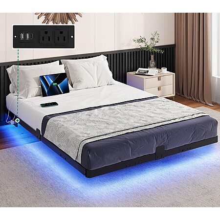 YITAHOME Full Size Floating LED Bed Frame w/ Charging Station(54.72"L x ...