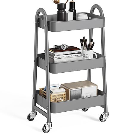 OLIXIS 3 Tier Metal Rolling Utility Cart w/ Lockable Wheels (Gray ...