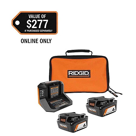 2-Pk RIDGID 18V Lithium-Ion 4.0 Ah Batteries w/ Charger & Bag