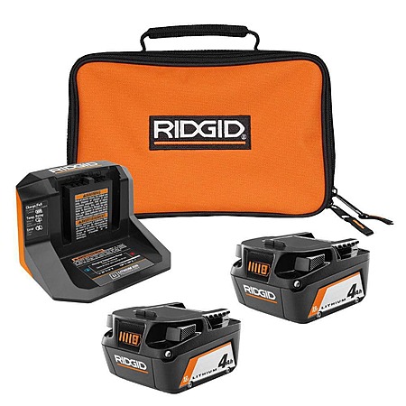 2-Pk RIDGID 18V Lithium-Ion 4.0 Ah Batteries w/ Charger & Bag