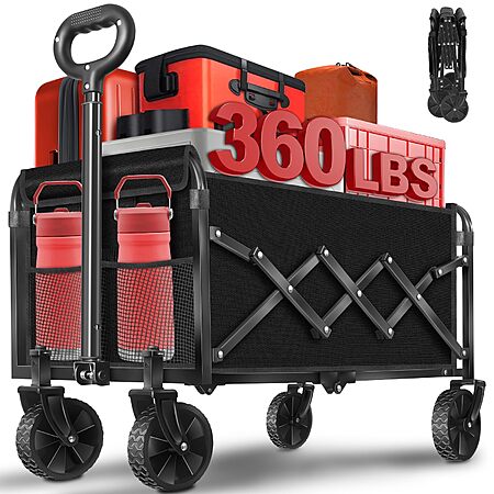 $33.98: Foldable Wagon Cart – 360lbs Capacity, Adjustable Handle, Collapsible Portable Wagon with Cup Holders, Black at Amazon