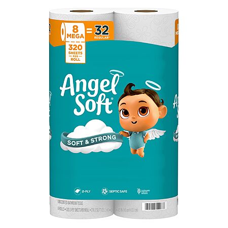 $6.12: Angel Soft Toilet Paper, 8 Mega Rolls = 32 Regular Rolls, Soft and Strong Toilet Tissue at Amazon