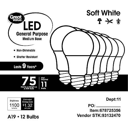 12-Pk Great Value LED 75W 1050-Lumens A19 Light Bulbs $3.05