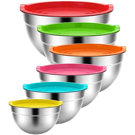 TINANA 6-Piece Stainless Steel Mixing Bowls w/ Lids (3 Colors) $18
