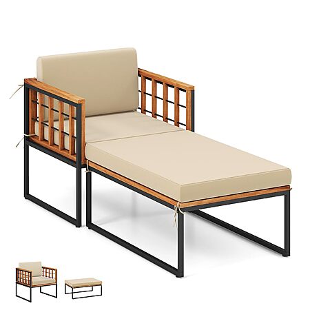 $73.09: Tangkula Acacia Wood Chaise Lounge Chair & Ottoman Set, 1200 lbs Capacity(Beige) at Amazon