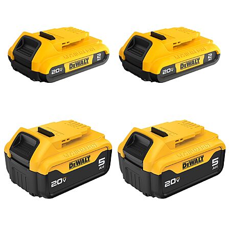 $197: DEWALT 20V Max Battery, 4 Pack, Includes 2 x 5.0Ah Extended Runtime Batteries and 2 x 2.0Ah Compact Batteries (DCB235-4) at Amazon
