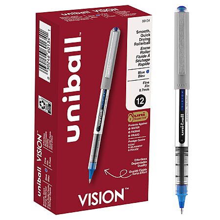 [S&S]12 Ct uni-ball uniball Vision Rollerball Pens with 0.7mm Fine Point(Blue) $9.57 + Free S&H w/ Prime or $35+