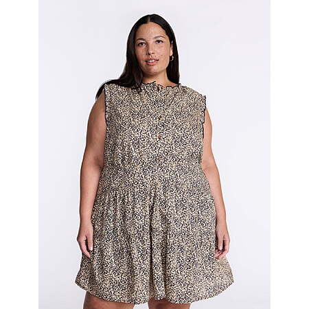 $5.55: Terra & Sky Women's Plus Sleeveless Button Front Tiered Cotton Mini Dress (Sizes 2X-4X, Ditsy Fields Dark Navy) at Walmart.com